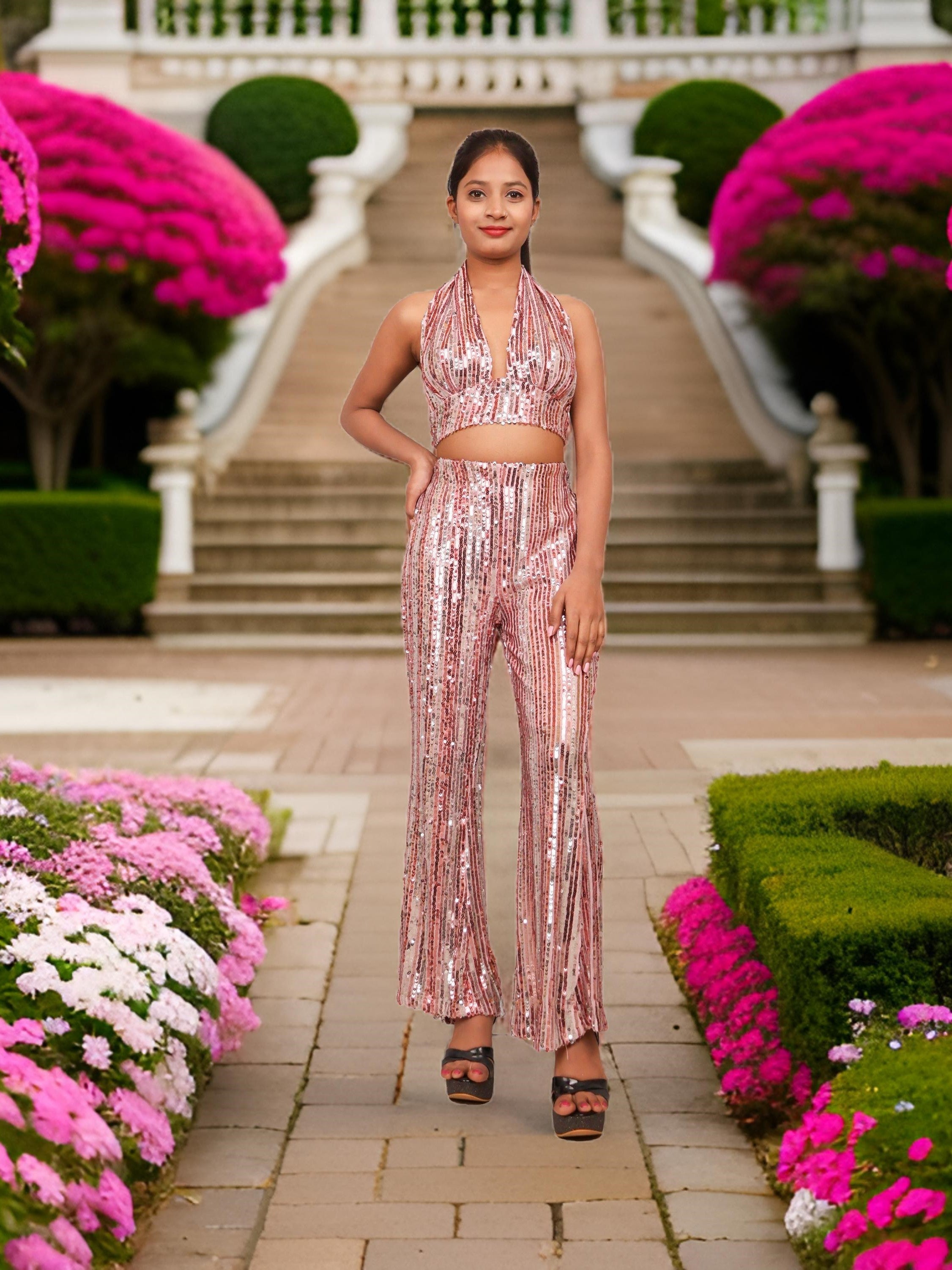 Glamour Halter Neck Sequins Bodycon Co-Ord Set by Shreekama